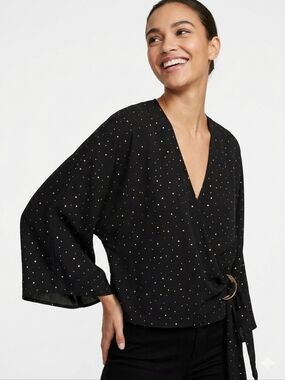 Express Black Faux Wrap Top with Gold Dot Stud Details